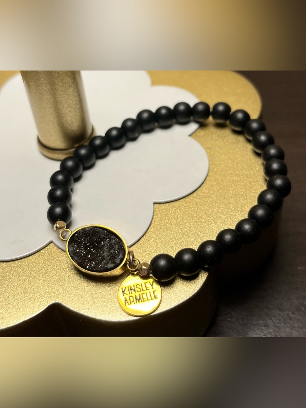 Kinsley Armelle Black Beaded Bracelet with Gold Druzy Charm pre loved